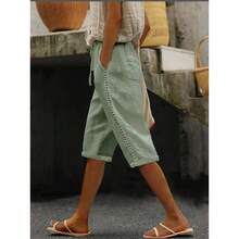 Casual Summer Shorts In Woven Cotton-Linen With Openwork Side Lace - Navy Blue - View 10