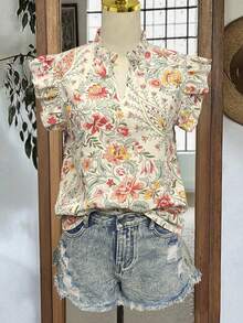 Blouse décontractée style bohème femme, col V, manches à volants, motifs camouflage et floral. Idéale pour le printemps/été, les vacances. Design inspiré du vintage, esthétique cottagecore, revival Y2K. Tissu léger et respirant. Top de plage, mode de rue, du bureau au week-end. - Nude - Voir 2