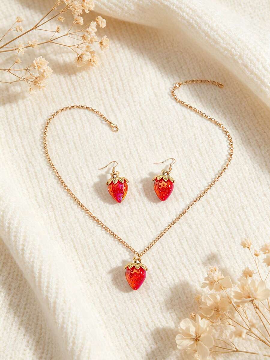 Bộ trang sức tráng men hình quả dâu tây óng ánh, phong cách trái cây mùa hè, dành cho phụ nữ. - Nhiều màu - Xem 1
