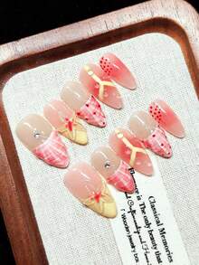 Handmade Wearable Nail Tips, Short Flat Shape, Nude Color With Pink, White, Yellow French Tips, Contrast Color Design, Hand-Painted Pink Ripple And Red Polka Dot, Handmade 3D Embossed Flowers, Transparent Shell Pattern Drag Design, Pink Ombre Design, Transparent Water Drop Decor, Sparkling Rhinestones, Romantic Vacation Style, Soft And Sweet, Reusable - Multicolor - View 6