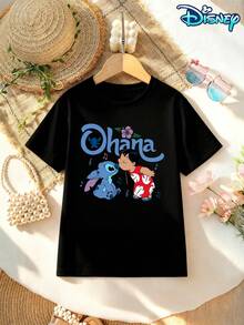 Disney Licensed Style | Stitch & Lilo Ohana Print Crew Neck Kids' Short Sleeve T-Shirt - Warm Healing & American Casual Vibe, Soft Breathable Fabric, Crew Neck, Ideal For Vacation, Travel & Daily Casual Wear - 黑色 - 查看 1