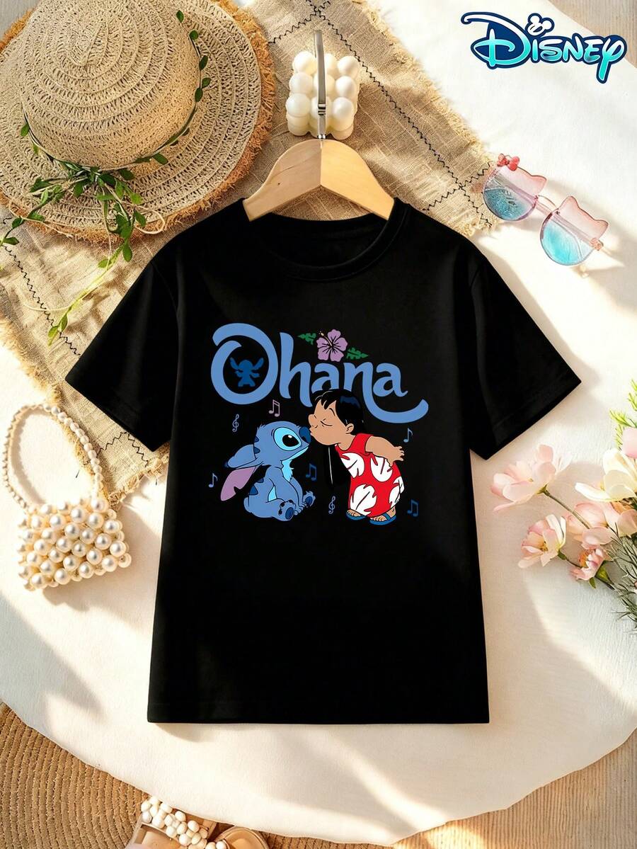 Disney Licensed Style | Stitch & Lilo Ohana Print Crew Neck Kids' Short Sleeve T-Shirt - Warm Healing & American Casual Vibe, Soft Breathable Fabric, Crew Neck, Ideal For Vacation, Travel & Daily Casual Wear - 黑色 - 查看 1