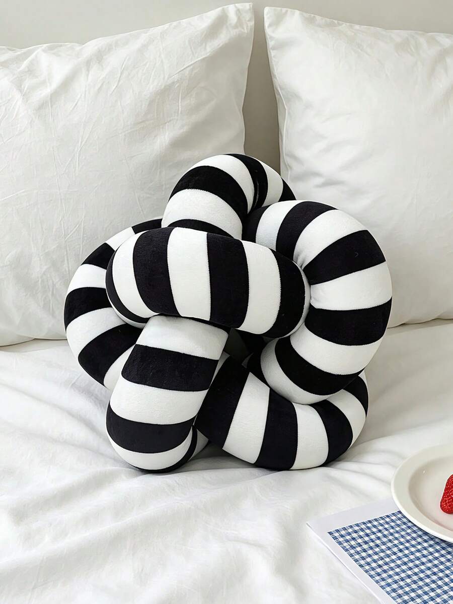 1pc Classic Black & White Striped Knotted Throw Pillow, Minimalist Ins Style Creative Ball Shaped Sofa Cushion, Suitable For Bedroom & Living Room Decor, Handmade Knitted, 3 Size Options - Black and White - View 1