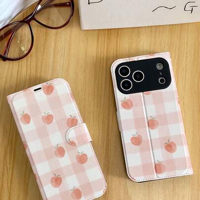 1pc Fashionable Cute Pink Plaid Peach Pattern Classic Shockproof High-Quality PU Leather Flip Cover Phone Case, Foldable Card Holder, Full-Body Protective Phone Cover, Suitable As Birthday/Holiday Gift For Friends, Family, Couples, Fits IPhone17/IPhone17 Air/IPhone17pro/IPhone17pro Max/IPhone16/IPhone16 Plus/IPhone16pro/IPhone16pro Max/IPhone15/IPhone15 Plus/IPhone15pro/13/14/12/11