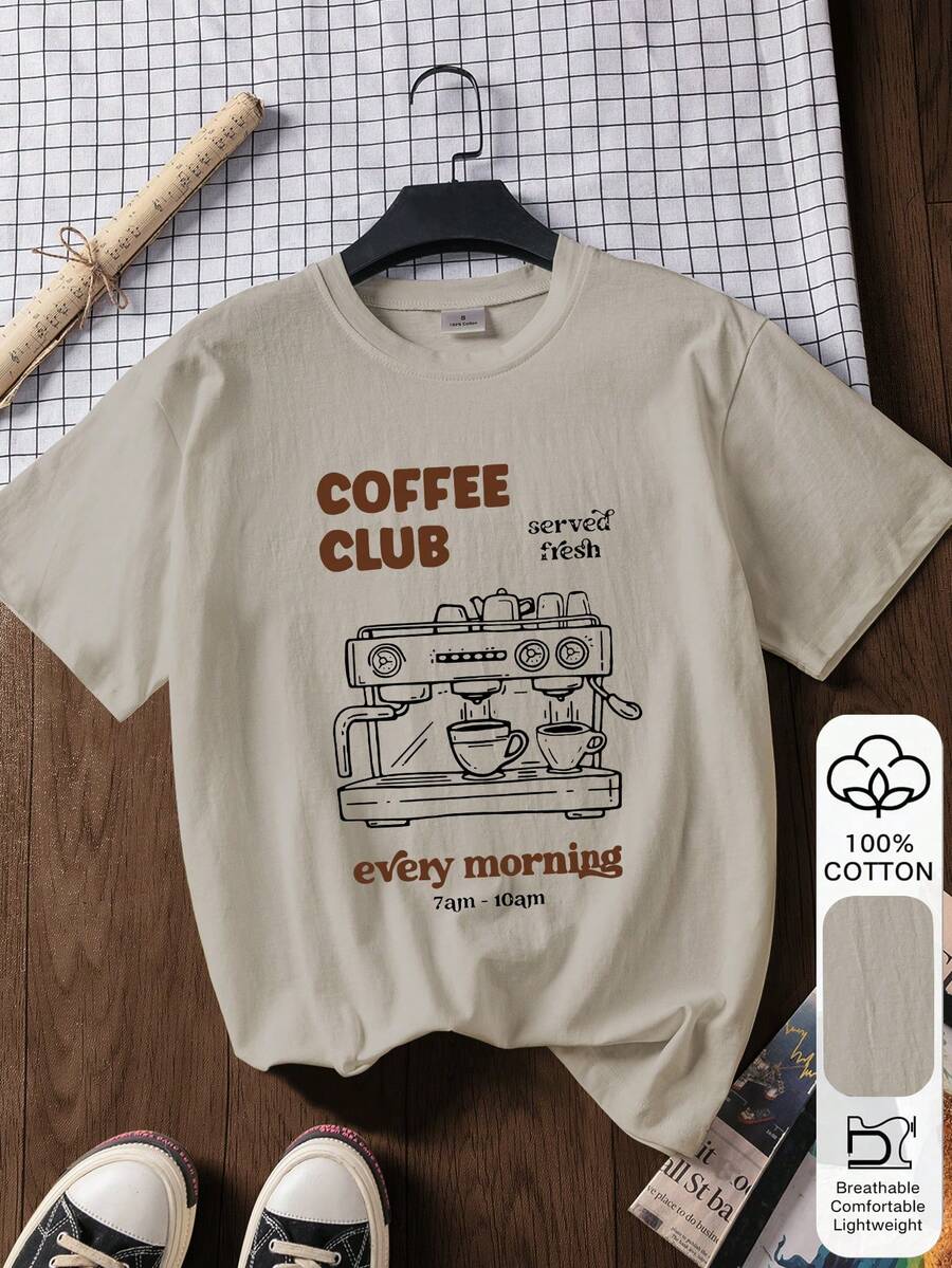 Coffee Club 印花休閒時尚 100% 純棉短袖上衣 女款,女裝海灘、度假、夏季上衣 - 灰色 - 查看 1