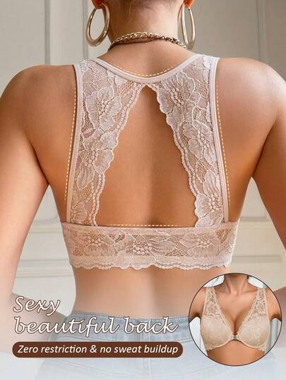Women's Front Closure Lace Underwire Push Up Bra, Beautiful Back Design, Breathable Comfy, Bust Lifting Gathering, Suitable For Daily And Casual Wear