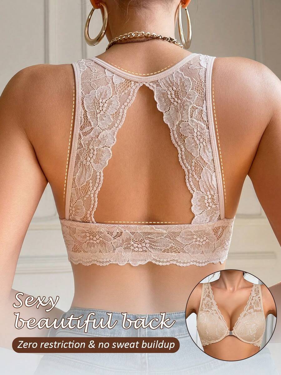 Women's Front Closure Lace Underwire Push Up Bra, Beautiful Back Design, Breathable Comfy, Bust Lifting Gathering, Suitable For Daily And Casual Wear