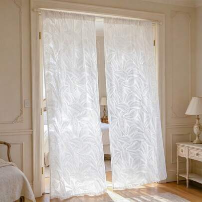 1 Peça Cortina Jacquard com Padrão de Folhas em Relevo, Cortina de Luxo Minimalista, Design de Bolso para Vara, Adequada para Sala de Estar, Escritório, Quarto, Cortina Decorativa Transparente