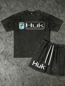 2PCS Set Men's Vintage Huk BASS Performance Fishing Print 100% Cotton Washed Black Short Sleeve T-Shirt And Drawstring Shorts,Suitable For Summer Wear, Outdoor Fishing, Casual Shorts T-Shirt Shorts Set - 黑色 - 查看 1