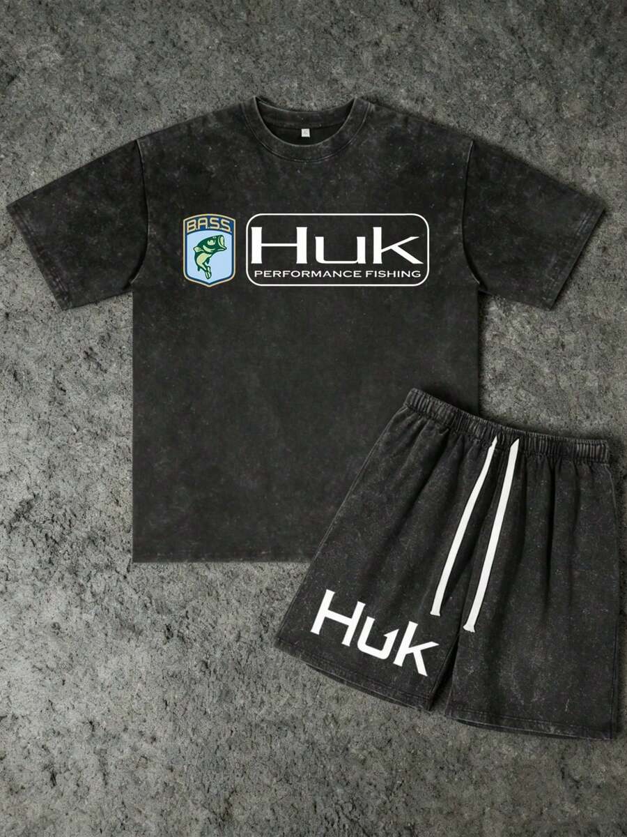 2PCS Set Men's Vintage Huk BASS Performance Fishing Print 100% Cotton Washed Black Short Sleeve T-Shirt And Drawstring Shorts,Suitable For Summer Wear, Outdoor Fishing, Casual Shorts T-Shirt Shorts Set - 黑色 - 查看 1