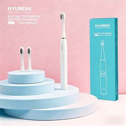 HYUNDAI Sonic Electric Toothbrush X-3 Battery-Powered, No Charging Required, IPX6 Waterproof, Two-Level Cleaning, Soft Brush Head, Long-Lasting Battery Life, Portable Toothbrush For Home And Travel, Comes With Replacement Brush Heads