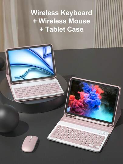 适用于 iPad A16（11/10 代、9/8/7 代，10.2 英寸）、iPad Air（10.9 英寸、11 英寸）的无线键鼠套装，包含 PU 皮革平板电脑配件、可拆卸无线键盘（150mAh 电池）和带笔槽的保护套，粉色