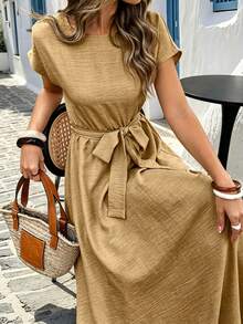 Vestido largo de línea A con textura de lino sintético y drapeado para mujer - Camel - Ver 3