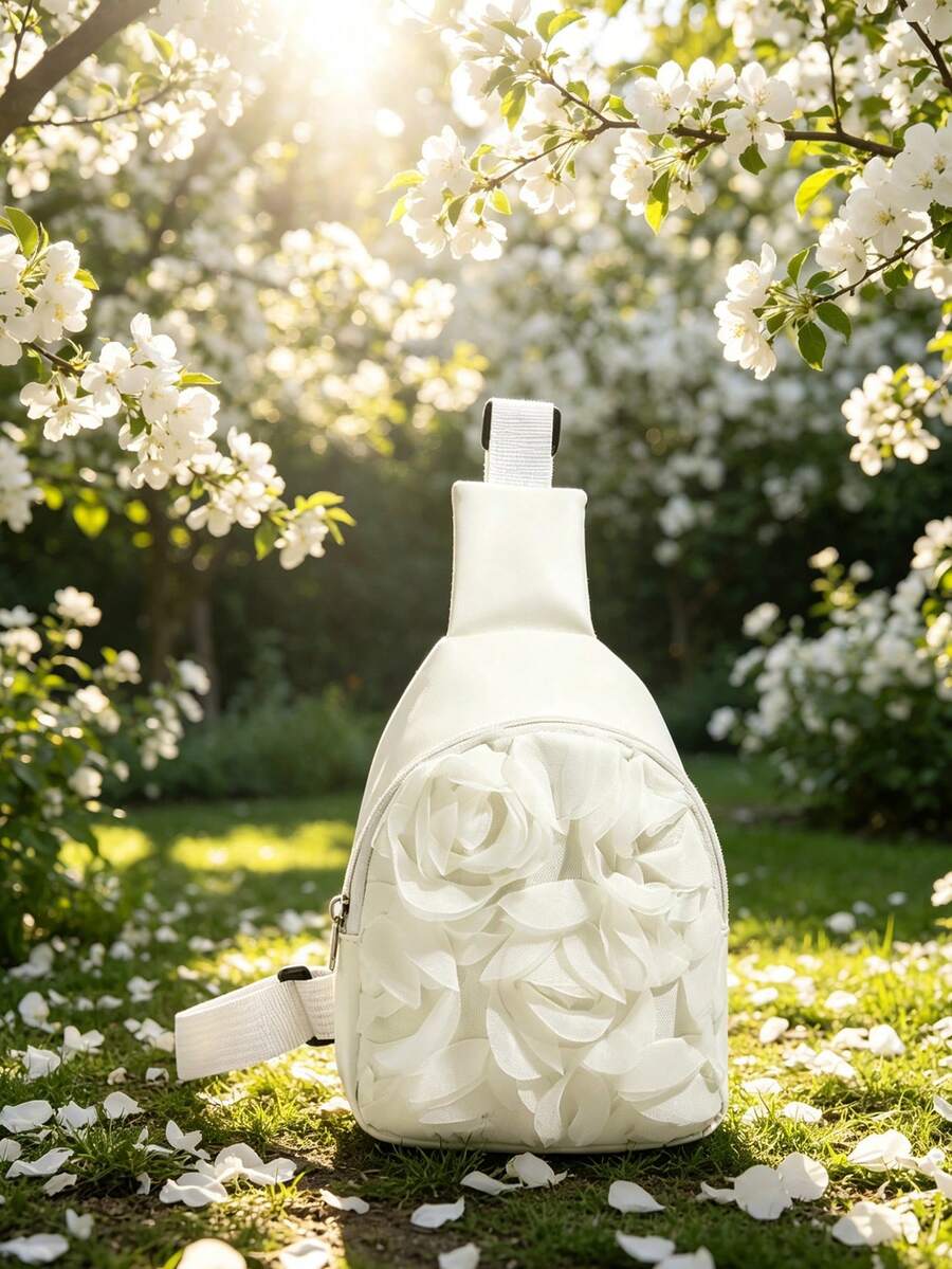 White 3D Floral Chest Bag, Mesh Rose Design, Girly Crossbody Chest Bag