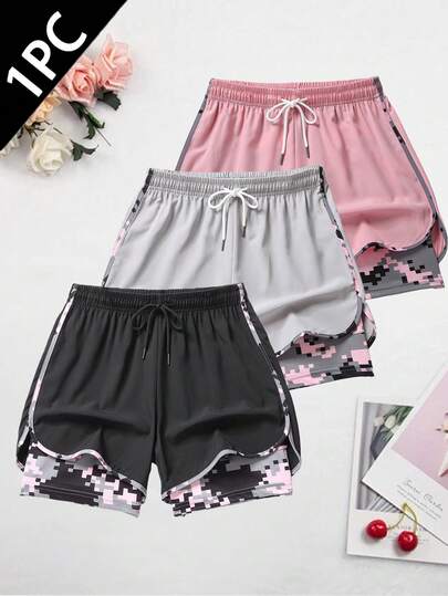 1pc Women's Summer Casual Sports Shorts With Drawstring Waistband, Inner Pockets, Unique Color Blocking Design, Fashionable And Suitable For Running, Fitness, Cycling, Yoga And Other Occasions
