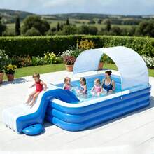 10FT/8FT Family Large Inflatable Pool With Canopy - Kiddie Pool With  Sun Shade Cover, Ball Pit, Foldable, Family, Easy Set, Snapset Pool With Cover, Blow Up Swimming Pool For Kids, Adults - Sun Shade - For Backyard, Outdoor Water Play - 薄荷藍 - 查看 5