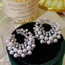 1 Pair Asymmetrical French Style Rhinestone & Faux Pearl Crescent Moon Stud Earrings - Silver - View 7
