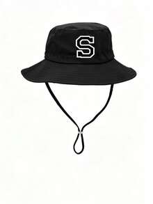 1pc Kids Letter Print Sun Hat, Casual Design With Adjustable Wind Strap, Suitable For Outdoor, Beach Sun Protection - Black - View 58