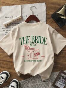 1 chiếc áo thun nữ tay ngắn cổ tròn mùa hè, in chữ "THE BRIDE, EST. 2026", thích hợp cho tiệc độc thân, trang phục cưới, áo mùa hè thường ngày. - Màu be - Xem 4