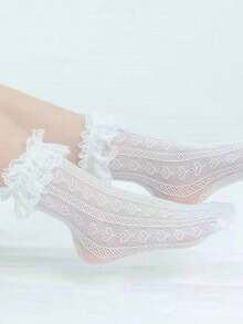 1 Pair Of Women's Solid Color Romantic Pleated Lace Trimmed Heart-Shaped Small Leg Socks.Cute Hollow Mesh Style, Lace Lace Love Socks, Suitable For School Gatherings, Daily Wear, Is A Great Gift, Halloween Gift, Halloween Decorative Socks, Christmas Decoration, Back To School Season, Travel Season, Valentine's Day, Fall - 白色蕾絲-1雙 - 查看 8