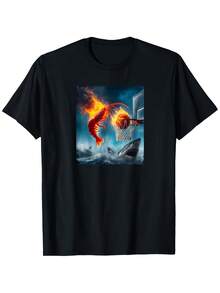 Y2K 2026 Meme Graphic T-Shirt "Shrimp Throwing At A Shark" - 100% Cotton, Loose Fit, Unisex For Men And Women, Casual Outdoor Hiking Tee, Comfort For Spring, Summer And Fall, Comfortable Cotton T-Shirt, Vibrant Print, Humorous Design, Durable Fabric, Daily Outfit, Breathable Material, Short Sleeve Tee, Summer Set For Street Style Fans. - 黑色 - 查看 6