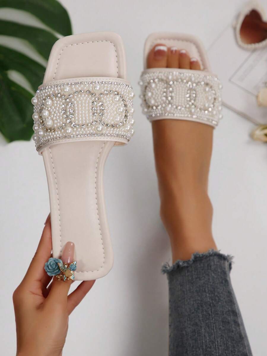 Rhinestone Embellished Slip-On Sandals, Lightweight Flat Mules, Glitter Slides, Comfortable Beach Slippers For Women, Plus Size - Beige - View 1
