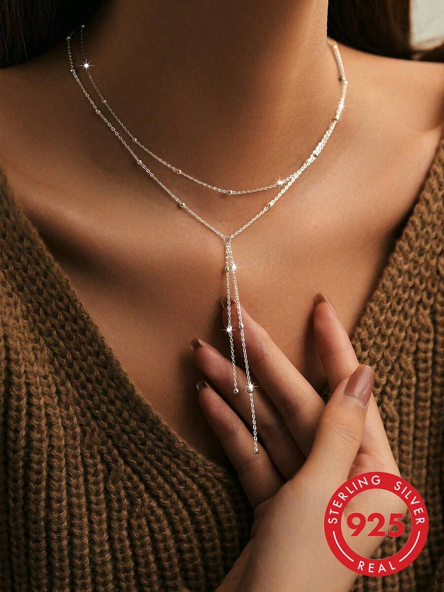 SYMFNY 1 pieza Collar de perlas en forma de Y con borla de plata de ley 925 minimalista y de moda, adecuado para uso diario, fiestas y vacaciones de las mujeres - Plateado - Ver 1