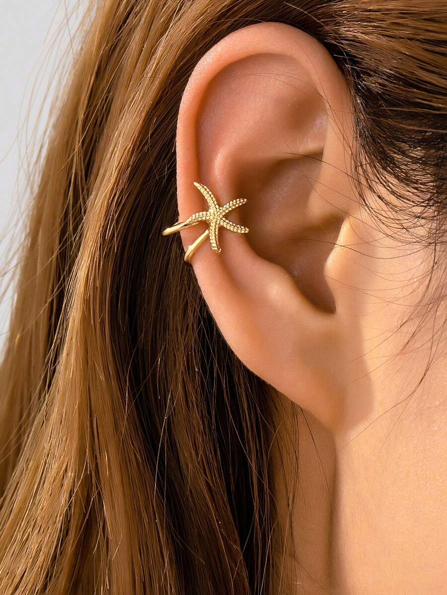 1件装女士镀金海星耳夹，优雅简约波西米亚海滩风耳环 - 金色 - 查看 1