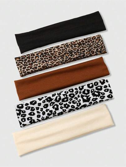 5PCS Goth Vintage Leopard Print + Solid Color Wide Headbands For Women, Suitable For Daily Street Style, Music Festivals, Art Exhibitions And Other Events