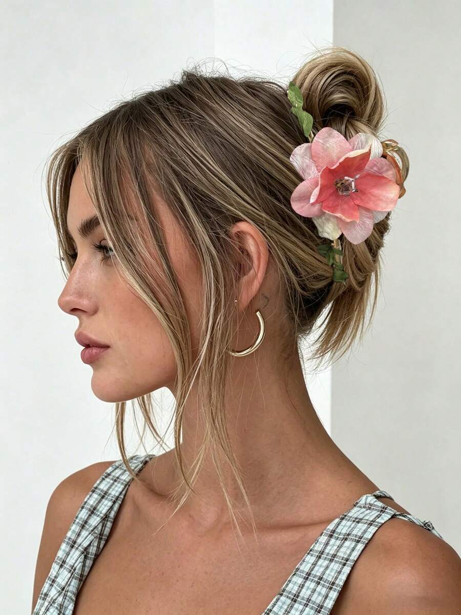 1 pieza Pinza para el cabello con flor de imitación de aleación, estilo romántico y suave, opciones de multicolor, accesorio para peinados diarios/de cita/de vacaciones, regalo exquisito para el Día de la Madre/cumpleaños - Multicolor - Ver 1