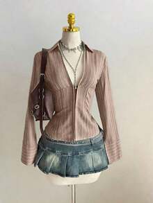 1pc Black V-Neck Striped Collar Slim Fit Button-Up Long Sleeve Sexy Blouse For Commute & Daily Wear, Winter - 駝色 - 查看 4