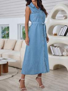 Đầm denim không tay cài cúc dáng dài ngang gối dành cho nữ, cổ áo và có túi, kiểu dáng chữ A thắt dây thoải mái, thích hợp cho mùa xuân. - Rửa nhẹ - Xem 9