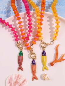 1 chiếc vòng cổ mặt dây chuyền hình cá nhiệt đới Dopamine nhiều màu sắc phong cách Bohemian, vòng cổ hạt cườm họa tiết đại dương mùa hè, phù hợp cho nữ giới đeo hàng ngày và đi nghỉ mát (màu hạt cườm ngẫu nhiên) - Nhiều màu - Xem 2