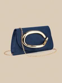 1pc High-End Velvet Clutch Bag In Navy Blue, Paired With Gold Decor, Showcasing A Fusion Of Fashion And Elegance, Suitable For Weddings, Parties, Galas, And Other Formal Occasions As A Clutch, Handbag, Shoulder Bag, Or Crossbody Bag - Navy Blue - View 7