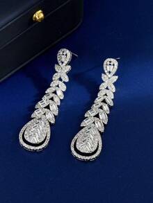1 paire de boucles d'oreilles à tige avec décoration de goutte d'eau en cubic zirconia cubique, convient pour le port quotidien des femmes - Argent - Voir 2