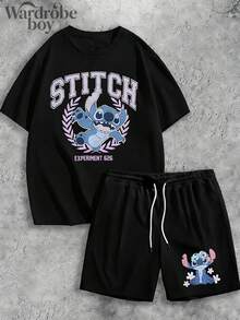 Disney-Licensed Short-Sleeve Printed T-Shirt And Shorts Set, Men's Two-Piece Set, Featuring A Stitch Logo With A Happy Expression Cartoon Print On The T-Shirt And Shorts Set, Suitable For Family Outings And Vacations. Unisex. Comfortable And Breathable. - màu đen - Xem 2