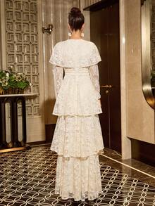 Women's New Elegant Round Neck Lace Cake Layered Patchwork Design Fashionable Luxury Waist Slimming Flared Dress, Shiny, Elegant, Casual, Ruffled Hem/Button Closure, Suitable For Wedding Spring - Apricot - View 2