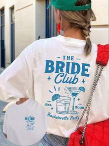 Casual Short-Sleeved Crew Neck T-Shirt With A Hand-Painted Vintage Blue Wine Glass Print And The Slogan "Bride Club" In Retro American Font. Suitable For Students, Everyday Wear, Vacations, Etc. BlancoTee - 白色 - 查看 10