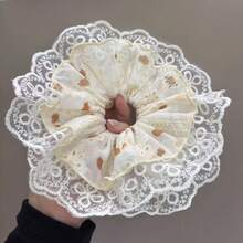 1 pieza Coletero de poliéster con estampado floral, estilo campestre versátil de primavera - Goma para el cabello de encaje floral color albaricoque con leche - Ver 4