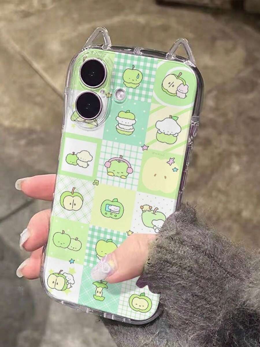 1个可爱卡通绿色苹果全包软壳手机壳，带猫耳设计，气囊防摔，猫耳挂绳，适用于苹果17/17Pro/17PROMAX/16/16Pro/16PLUS/16Promax/15Promax/11/12/13/14/15Plus/15Pro/14Pro/13Pro - 綠色 - 查看 1
