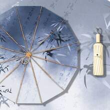 Chinese Style Poetry & Painting Scroll Manual Windproof Solid Wood Handle 2-In-1 Folding Umbrella For Women, UV Protection Sunshade & Rain Umbrella, Anti-UV Sunscreen, Reinforced Sturdy Ribs, High-Density Waterproof Fabric, Heat Insulation, Vintage Elegant Aesthetic, Durable Portable Compact Design, Comfortable Non-Slip Grip, Suitable For Daily Commute, Office Work, Campus Life, Outdoor Travel, Shopping, Dating, Photography, Cultural Events, Festival, Holiday Outings, Fashion Matching - 1 - Xem 8