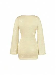 Sparkling Gold Knitwear Mini Dress With Deep V-Neck And Keyhole Cutout, Long Sleeves, Perfect For New Year's Or Fall Evenings - Apricot - View 7