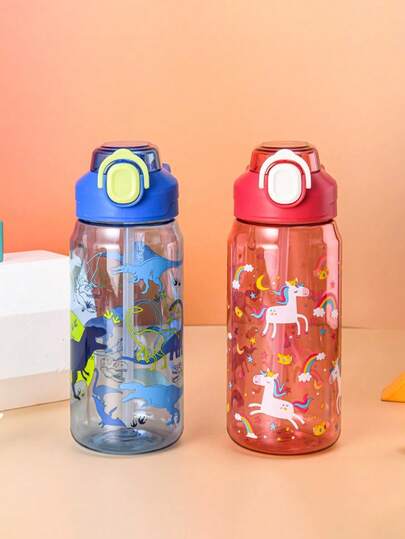 1 cốc nhựa hoạt hình 550ml có ống hút, bình nước di động và chống sốc cho trẻ em/trẻ nhỏ, cốc nước nhựa trong suốt hình hoạt hình dễ thương - Thích hợp cho trẻ mẫu giáo và tiểu học, trường mẫu giáo, trường học, sử dụng ngoài trời, cốc học tập cho bé.