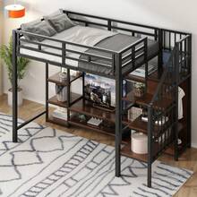 High bed 90x200 with TV stand outlet and safety conductor Stable metal-wood combination modern space-saving high bed 's bunk bed with practical storage space black - Schwarz + Metall + 90 cm * 200 cm - Übersicht 4