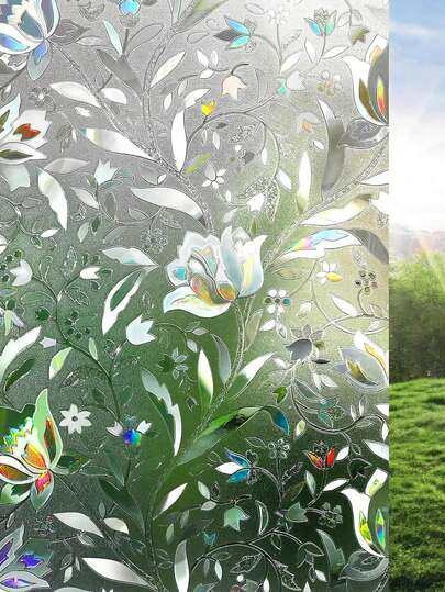 1片波西米亚风3D立体彩虹磨砂静电吸附窗膜。郁金香花藤图案设计，隐私玻璃贴膜。无胶可移除可重复使用，适用于家居装饰，柔化阳光，阻挡紫外线，控制温度。