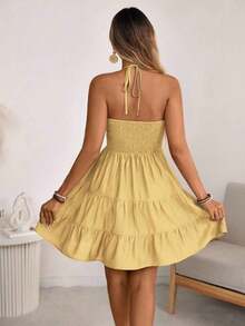 ROSE Vestido de Lino con Nudo de Bambú para Mujer, Primavera/Verano, Estilo Bohemio Occidental, con Busto Fruncido, Falda de Capas, Corte en A, Espalda Descubierta, Tirantes Ajustables - Amarillo claro - Ver 2