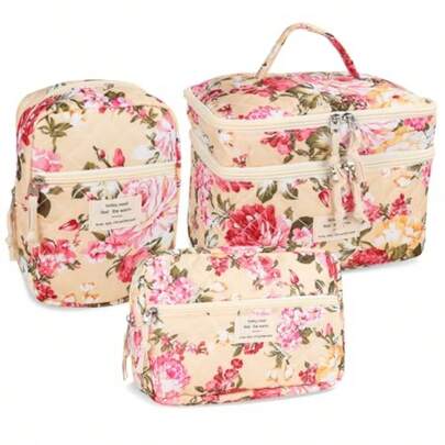 Makeup Bag Quilted Cosmetic Bags Large Floral Make Up Bag For Women Cute Cotton Makeup Bag 3PC Set Travel Toiletry Bag Large Flowers