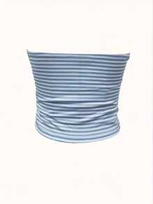 Women's Striped Bandeau Top, Strapless Cropped Tank, Suitable For Summer, Blue & White Horizontal Stripes Casual - Baby Blue - View 3