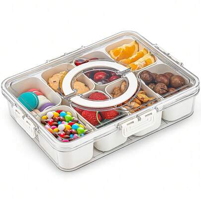 Portable 8Compartment Snack Box With Handle, Divided Serving Platter For Snacks, Fruits, And Nuts, Clear Storage Container For Picnics, Travel & Refrigerator Storage, Dishwasher/Microwave , Portable Fruit Vegetable Candy Nut Tray - Perfect For Lunch, Salads, Snacks, Travel Camping Meal Prep Essential, Christmas Gift, Halloween Gift