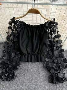 Cold-Shoulder 3D Floral Mesh Patchwork Chiffon Top, Loose Waist Stylish Cropped Cold-Shoulder Top For Summer Black - Black - View 1